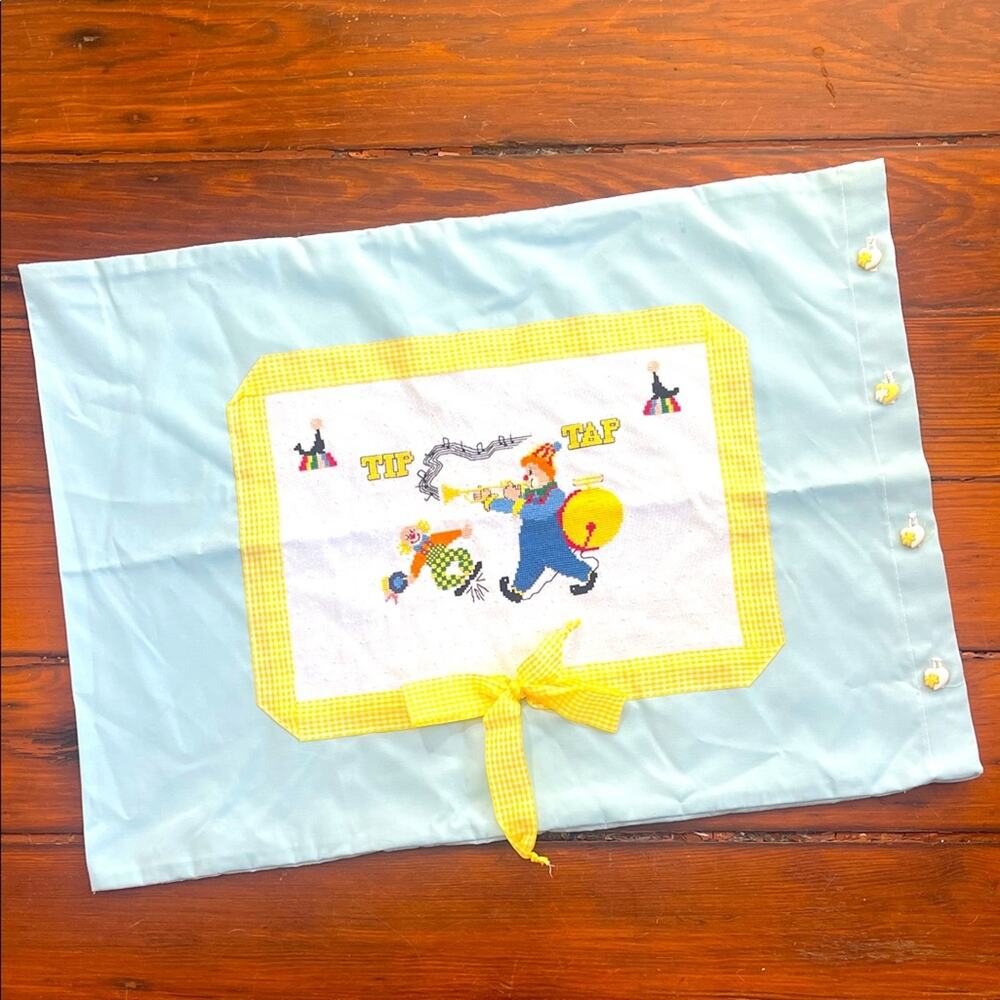 Vintage handmade nursery baby kids clown circus cross stitched pillowcase
